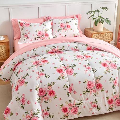 Flower Comforter Sheet Set White Bed in a Bag 6 Pieces Twin Size Dark Pink Floral Microfiber Bedding Set (1 Comforter 2 Pillow Shams 1 Pink Flat Sheet 1 Fitted Sheet 1 Pillowcases) UOZZI BEDDING