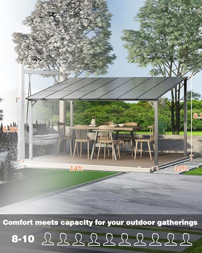 GarveeLife 12' x 14' Lean to Gazebo, Hardtop Wall Pergola with Polycarbonate Roof, Aluminum Frame Mounted Gazebo for Lawn Patio Deck Yard and Party Garveelife