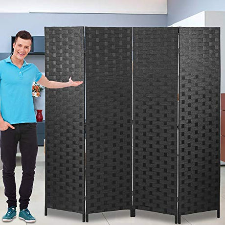 Room Dividers and Folding Privacy Screens 4 Panel 6 ft Foldable Portable Room Seperating Divider, Handwork Wood Mesh Woven Design Wall, Freestanding, Black Dkeli