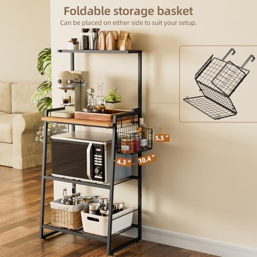 Anniper Bakers Rack with Foldable Basket, Large 4 Tiers Coffee Bar Station, Kitchen Microwave Stand with Storage, Metal Shelf Rack for Living Room, Office, Garage (Rustic Brown)