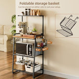 Anniper Bakers Rack with Foldable Basket, Large 4 Tiers Coffee Bar Station, Kitchen Microwave Stand with Storage, Metal Shelf Rack for Living Room, Office, Garage (Rustic Brown)