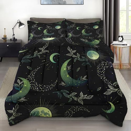 Pamnest Comforter Set Full Size, Boho Space Green Galaxy Soft 3 Pcs Bedding for Kids and Adults, Herbs Witch Floral Retro Comforter Set with Pillowcase, for Bedroom Bed Decor Pamnest