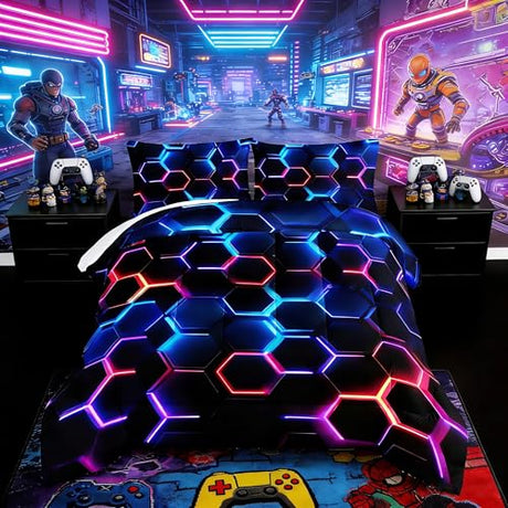 UEVBF Hexagon Geometric Comforter Set Honeycomb Bedding Sets,Blue Neon Gamer Comforter Sets for Boys Men Kids Room Decor,Twin Size Bedding Comforter Sets with 2 Pillowcases. UEVBF