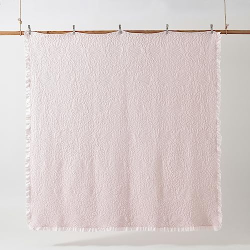 HORIMOTE HOME Pink Ruffled Quilt Queen Size, Stone-Washed Microfiber Lightweight Crinkled Farmhouse Rustic Shabby Chic Bedding Set, 3 Pieces Reversible Bedspread with Pillow Shams for All Season HORIMOTE HOME