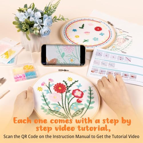 HTVRONT Bead Embroidery Kit for Beginners 3 Sets Bling Bling Bead Embroidery Kit with Step By Step Stitch Video & Instructions, Three-Dimensional Starter Embroidery Set with 19 Stitches for Gift