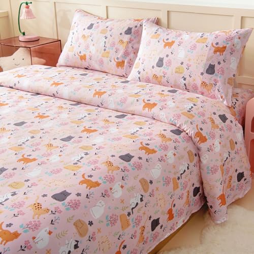 Swiftify Full Size Sheet Set for Kids, 4-Piece Bed Sheet Set for Teens Boys Girls, Cartoon Printed Bedding Set, Microfiber Deep Pocket, Wrinkle & Fade Resistant, Cute Cats Swiftify