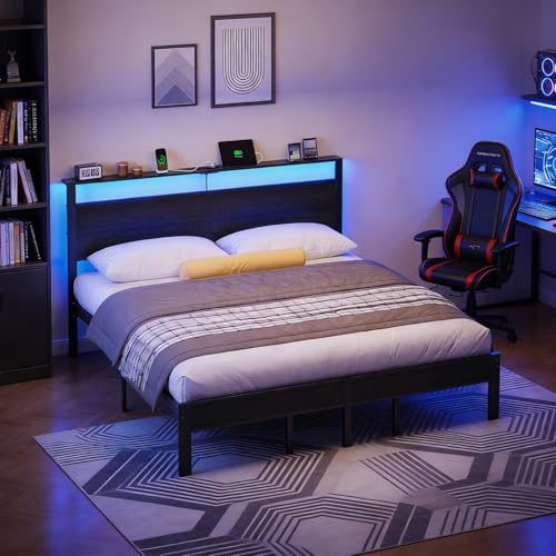 King Size Bed Frame with LED Lights and Charging Station, King Size Platform Bed with Metal Slats and Wood Headboard, No Box Spring Needed，Black Liians