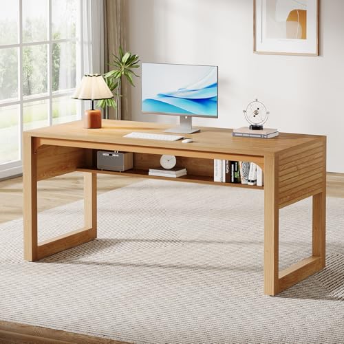 Tribesigns 63-Inch Computer Desk with Bottom Storage Shelf, Modern Home Office Desk Writing Table with Thickened Desktop, Wood Executive Desk Workstation, Natural - WoodArtSupply