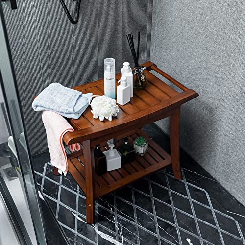 Forevich Bamboo Shower Bench Stool with Storage Shelf Waterproof Shower Chair Spa Bath Seat Excellent for Indoor Use Chestnut Brown