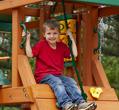 Gorilla Playsets 01-1059-AP High Point Wood Swing Set with Green Vinyl Canopy, Two Swings, Rock Climbing Wall, Slide, Amber - WoodArtSupply