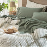 MooMee Bedding Sheet Set 100% Washed Cotton Linen Like Textured Breathable Durable Soft Comfy (Heathered Green, Queen) MooMee