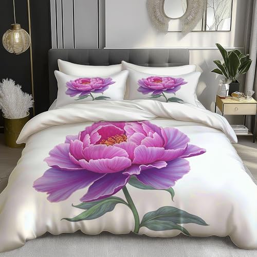 Minimalist Illustrations Duvet Cover Set, Single PeonFlower Printed Bedding with 1 Pillowcases, Twin Microfiber Bed Set for Kids Adults Bedroom Decor, Pinkish-Purple Generic