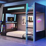 Twin Over Twin Gaming Bunk Bed with Desk and USB and LED Light, Twin Size Wooden Loft Bed Frame with Storage Shelves, Ladder, for Kids Boys Teens Adults, Space Saving (Black+Blue) Harper & Bright Designs
