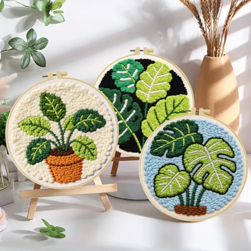JOZYSH Green Plants of Various Shapes Punch Needle Kits for Beginner, DIY Punch Needle Kit Adults Beginner Include 3 Pre-Printed Fabrics, Embroidery Hoop, Threads, Craft Gifts and Decorations