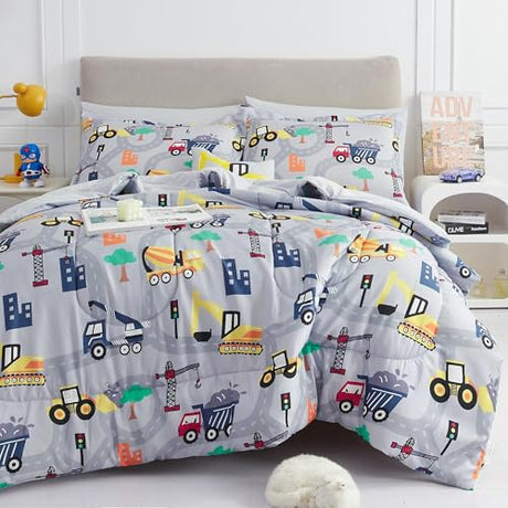 Mooreeke Kids Twin Comforter Sets for Boys 6 Pieces Excavator Grey Bedding Set for Teens Soft Microfiber Kids Bed in A Bag with Comforter, Sheet Set, Shams and Decorative Toy Pillow All Season Mooreeke