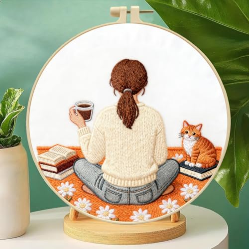 Zhenqing Coffee Girl Embroidery Kit for Beginners, Pre-Printed 29x29cm Fabric with 20cm Hoop & Threads, Cozy Reading Scene with Cat for Home Decor(C0188)