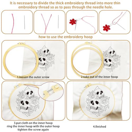 BEUNITONE 4 Set Skull Embroidery kit for Beginners Flower Starter Kits Halloween Skull with Flowers DIY Needlepoint Kit for Adults with Instruction Rose Skull Handmade Embroidery Kits for Gifts BEUNITONE