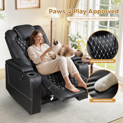 ANJ Power Recliner Chair with USB Ports and Cup Holders - Overstuffed Electric Home Theater Seating PU Leather Reclining Furniture with Hidden Arm Storage, Easy to Clean (Black)