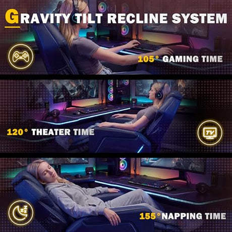BIAOZHIKE Gaming Recliner Chair with LED Lights Racing Style Big and Tall PU Leather Gaming Chair for Adults Lumbar Support Modern Ergonomic Comfortable Home Theater Seating for Living Room (Black) BIAOZHIKE