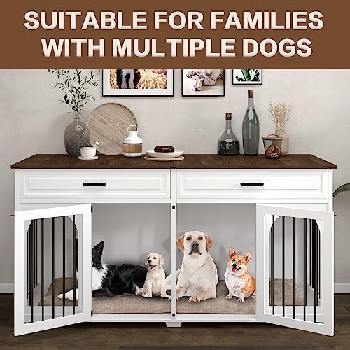 IKISSLIFEEL Large Dog Crate Furniture,74.8" Wooden Double Dog Crates Furniture Style for 2 Large Dogs,XXL Heavy Duty Dog Kennel Furniture Indoor with Divider and 2 Drawers,White - WoodArtSupply