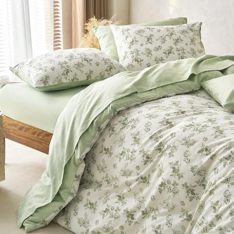 Wake In Cloud - Cottagecore Comforter Set, Floral Vintage Flower Shabby Chic Coquette Aesthetic for Women Teen Girls, Soft Lightweight Dorm Bedding, 3 Pieces, Sage Green, Twin/Twin XL Size Wake In Cloud