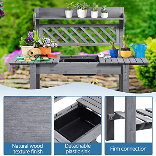 Yaheetech Potting Bench Table Outdoor Garden Potting Table Wooden Workstation w/Sliding Tabletop Removable Sink w/Storage Shelf Flower Pot Bench Mobile Garden Potting Bench Gray Yaheetech