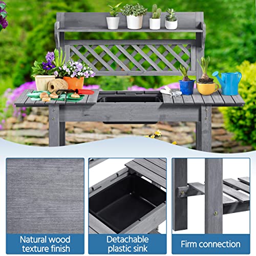 Yaheetech Potting Bench Table Outdoor Garden Potting Table Wooden Workstation w/Sliding Tabletop Removable Sink w/Storage Shelf Flower Pot Bench Mobile Garden Potting Bench Gray - WoodArtSupply