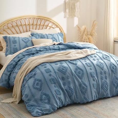 Bedsure Boho Duvet Cover King - Dusty Blue Tufted Boho Bedding, Farmhouse Shabby Chic Embroidery Bedding for All Seasons, 3 Pieces, 1 Soft Jacquard King Comforter Cover and 2 Pillow Shams Bedsure