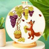 Zhenqing Fox and Grape Vine Embroidery Kit for Beginners, Pre-Printed 29x29cm Circular Cotton Fabric with 20cm Hoop, Whimsical Garden Scene (C0223)