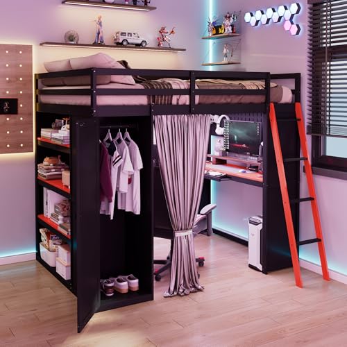 Merax Full Size Loft Bed with Desk and 6 Storage Shelves, Wardrobe, Blackout Curtain, Sturdy Wood Gaming Loft Bunk Bed Frame with USB Port & RGB Lights, No Box Spring Needed, Space-Saving, Black+Red Merax