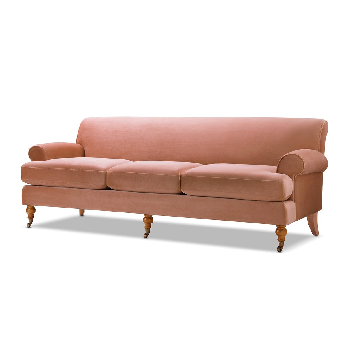 Alana Lawson Three-Cushion Tightback Sofa - Peach Orange Velvet - Luxurious Medium-Firm Feel SNug Family Couch WoodArtSupply