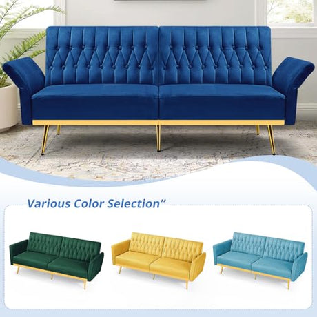 ACMEASE 70” Velvet Futon Sofa Bed w/Adjustable Armrests and Backrest, Convertible Futon Couch w/2 Pillows, Modern Sleeper Bed for Living Room, Bedroom, Blue ACMEASE