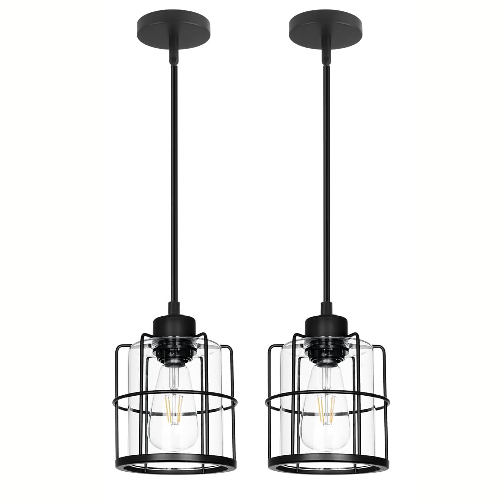 Farmhouse Pendant Lights Kitchen Island Set Of 2, Black Kitchen Island Lighting With Adjustable Rods, Industrial Cage Bathroom Pendant Lights With Clear Glass For Dining Room Hallway Sink DSMJFU DSMJFU