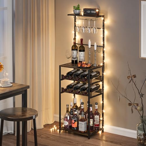 5-Tier Wine Rack Freestanding Floor, Liquor Bar Stand with Glasses Holder and 4 S Hooks, Corner Mini Bar Cabinet for Small Space, 8 Bottles Wine Bar Cabinet for Home, 11.81"D x 16.53"W x 53.55"H DAOUTIME