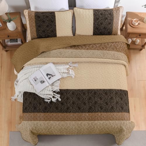 Boho Queen Quilt Set,Striped Plaid Bedspread Coverlet Set,Light Brown Bedding Set Soft Microfiber Bedding Set with 2 Pillow Shams 96"x90" Cottolester