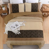 Boho Queen Quilt Set,Striped Plaid Bedspread Coverlet Set,Light Brown Bedding Set Soft Microfiber Bedding Set with 2 Pillow Shams 96"x90" Cottolester