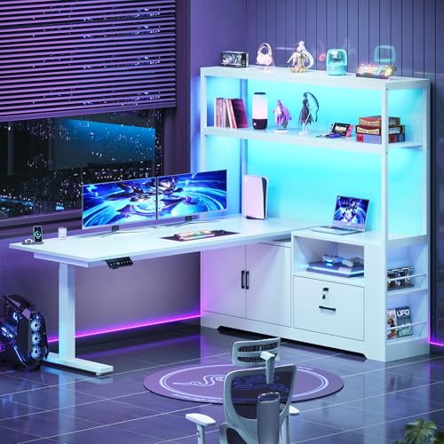 SEDETA 56.7" L Shaped Standing Desk, Reversible Computer Office Desk with Drawers & Hutch, Stand Up Corner Gaming Desks with LED Lights & Power Outlets for Home Office, White SEDETA