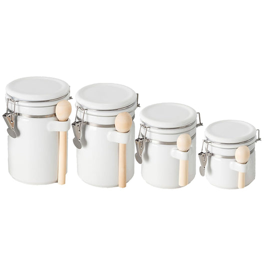 Canister Sets For The Kitchen (4 Piece Set) White, High Gloss Ceramic | By Home Basics | Decorative| With Wooden Spoons, Countertop Set For Flour, Sugar, Coffee, and Snacks