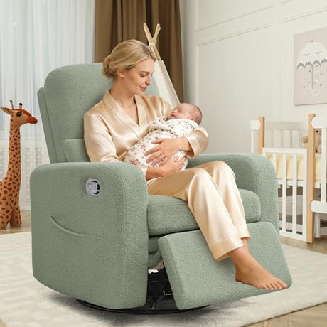AEMEIOS Swivel Rocker Recliner, Oversized Manual Boucle Nursery Glider Rocking Recliner Chair with Removable Cushion, Upholstered Swivel Reclining Chair for Nursery Living Room Bedroom, Teddy Green AEMEIOS