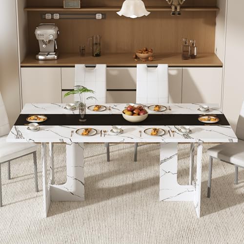 St.Mandyu 7 Pieces Dining Table & Chairs Set for 4-8 People, 71 Inch Kitchen Table with 6 Chairs, Rectangle Dining Table with Wooden Legs for Dining Room, Living Room, White St.Mandyu