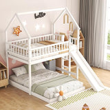 SOFTSEA House Bunk Bed with Slide, Twin Over Full Wooden Bunk Bed Frame with Full-Length Guardrail and Built-in Ladder, for Bedroom, No Box Spring Needed, White SOFTSEA