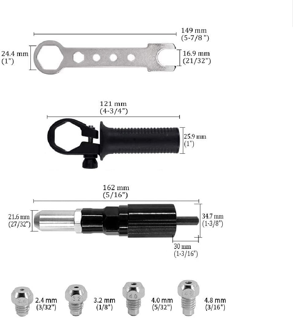 Pop Rivet Gun Tool, Professional Cordless Riveter Adapter Kit Riveter Nut Tool Drill Attachment for Cordless Electric Power Drill (4 Threaded Head Sizes: 2.4/3.2/4.0/4.8mm) Haokixin