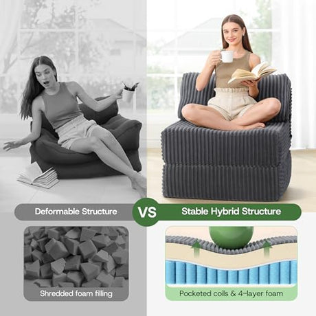 MEGAYES 4-in-1 Folding Sofa Bed Convertible Chair Couch Foldable Chaise Lounger & Mattress Pocket Coils+Foam Fill, Portable No Assembly Boneless Sofa Floor Futon for Living Room/Bedroom, Gray Single MEGAYES
