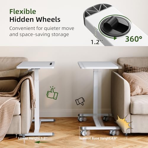Gibbon Mounts Medical Adjustable Overbed Bedside Table, 32 Inch Pneumatic Mobile Standing Desk with Hidden Wheels, Rolling Laptop Cart for Home, Hospital, White Gibbon Mounts