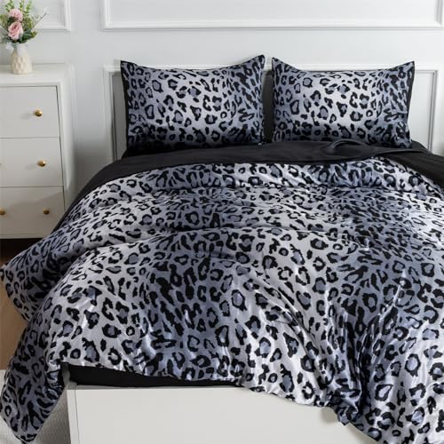 A Nice Night Leopard Printed，Silver Grey Satin Silky Soft Quilt Sexy Luxury Super Soft Microfiber Comforter Quilt Bedding 5PCS Comforter Set, Light Weighted (Silver, Queen(88-by-88-inches)) A Nice Night