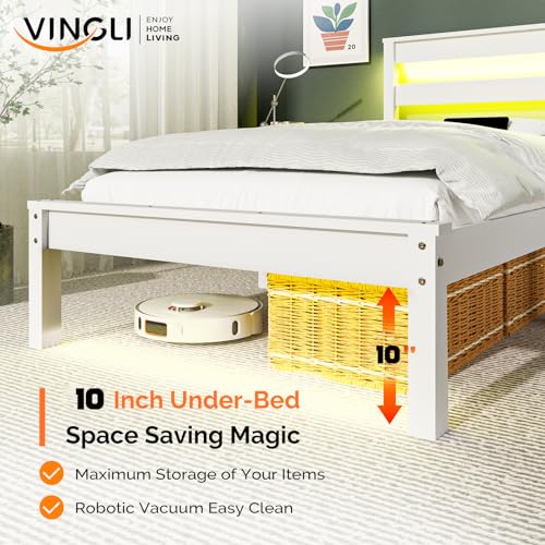 VINGLI Solid Wood Twin Bed Frame with LED Lights & USB Charging Station Single Platform Panel Bed with 40 Inches Tall Headboard for Kids,No Box Spring Needed,White VINGLI
