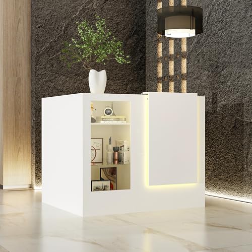 WOODTIME Reception Desk with Counter, Colored LED Light, Glass Front & Open Shelves, Retail Counter with Adjustable Glass Shelves, Checkout Front Desk for Office Clinic Lobby Salon, White WOODTIME