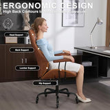 E-Motie Home Office Desk Chair, Ergonomic High Back Leather Computer Chair with Lumbar Support, Adjustable Height & Recline, Swivel Executive Office Chair with Armrests and Rubber Casters, Brown E-Motie