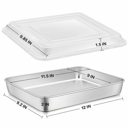 E-far Stainless Steel Baking Pan with Lid, 12⅓ x 9¾ x 2 Inch Rectangle Sheet Cake Pans with Covers Bakeware for Cakes Brownies Casseroles, Non-toxic & Healthy, Heavy Duty & Dishwasher Safe - Set of 2