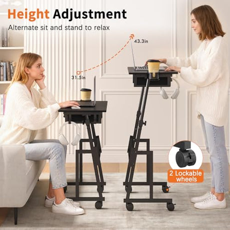 Adjustable Height Standing Desk with Drawer, Rolling Sit to Stand Up Desk with Wheels Height 31.5"-43.3" Small Mobile Laptop Standing Desk for Treadmill Walking Pad, Movable Classroom Podium (Black) Honkazita